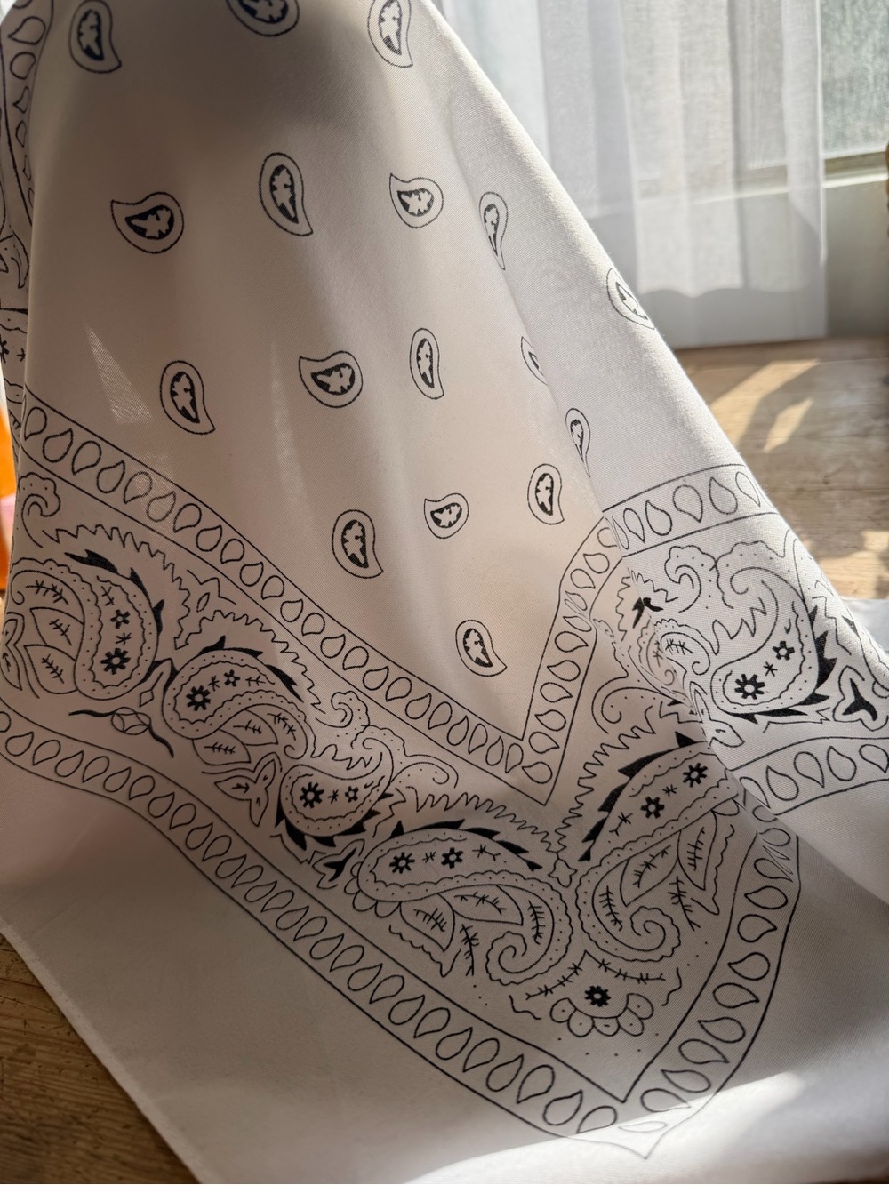 White Bandana Print Scarf - Black Paisley Design